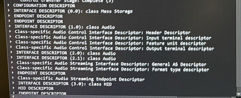 Wireshark configuration descriptor showing Mass Storage, two Audio interfaces, and HID