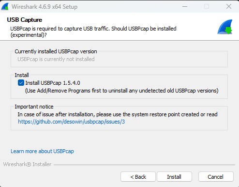 Wireshark 4.6.9 installer page offering to install USBPcap 1.5.4.0